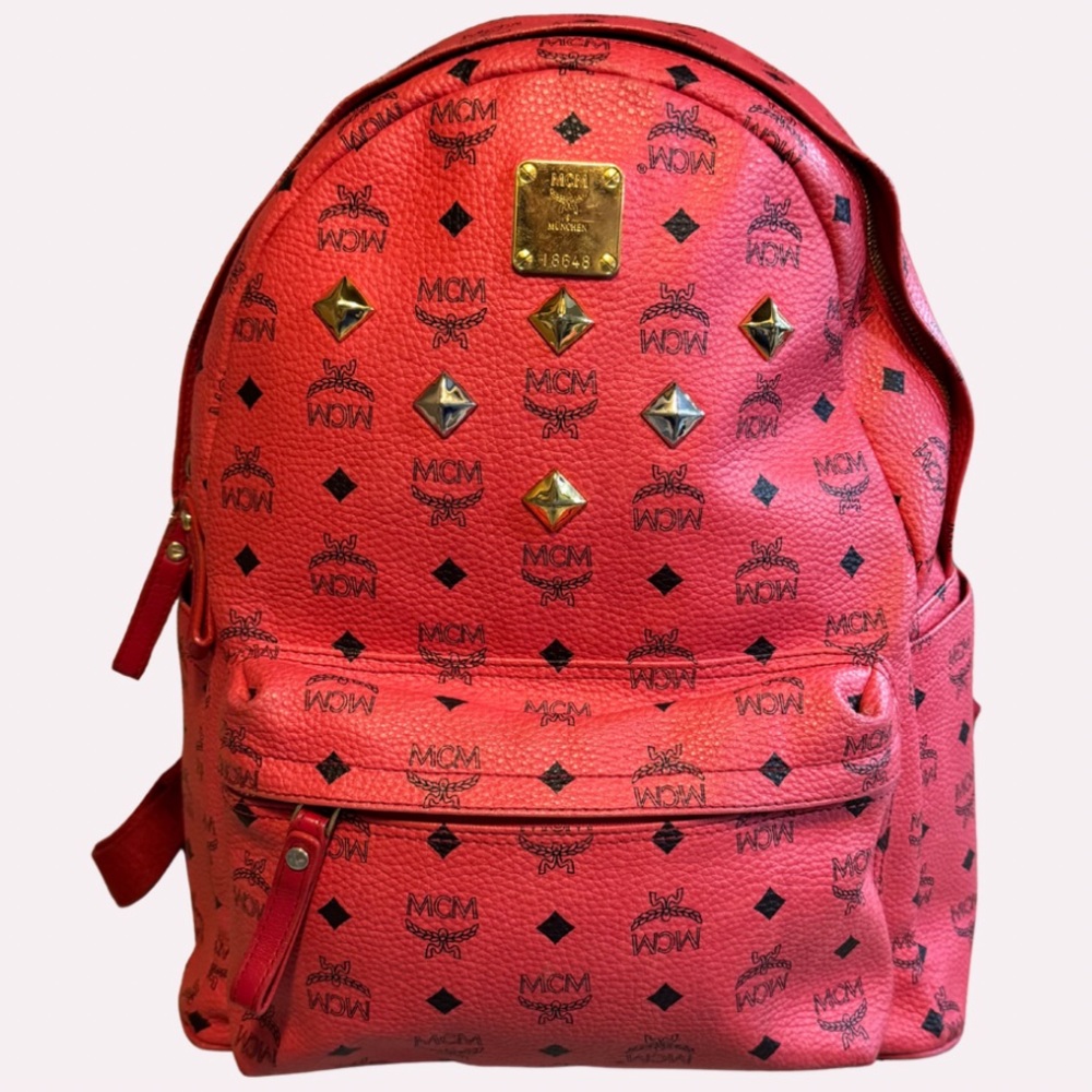 MCM Red Leather Backpack — Studded Design with Gold Hardware